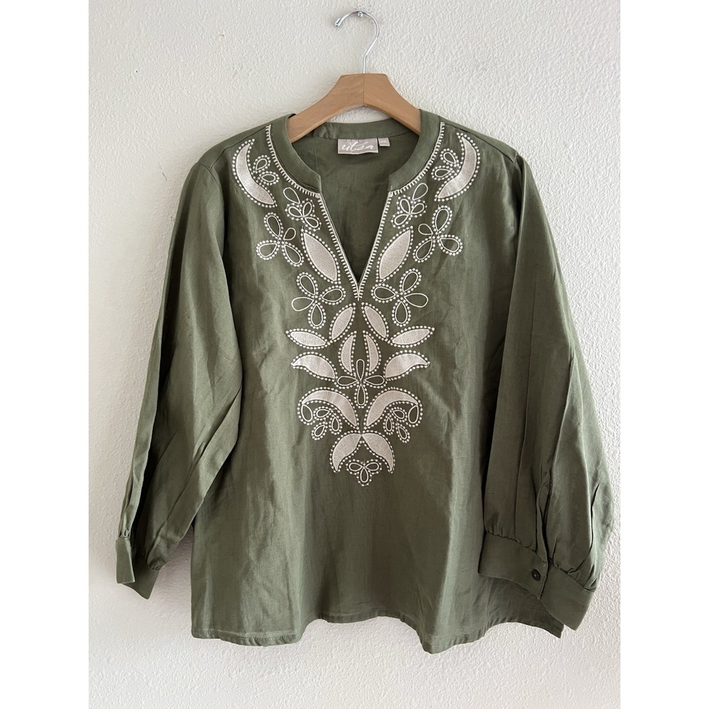 Utsa Linen Blend Embroidered Top XXL Olive Green Boho Casual Semi-Sheer